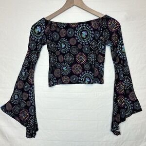Mushroom Crop Top Shirt Fairy Boho Whimsy Bell Sleeve Festival Hippie Gypsy Rose